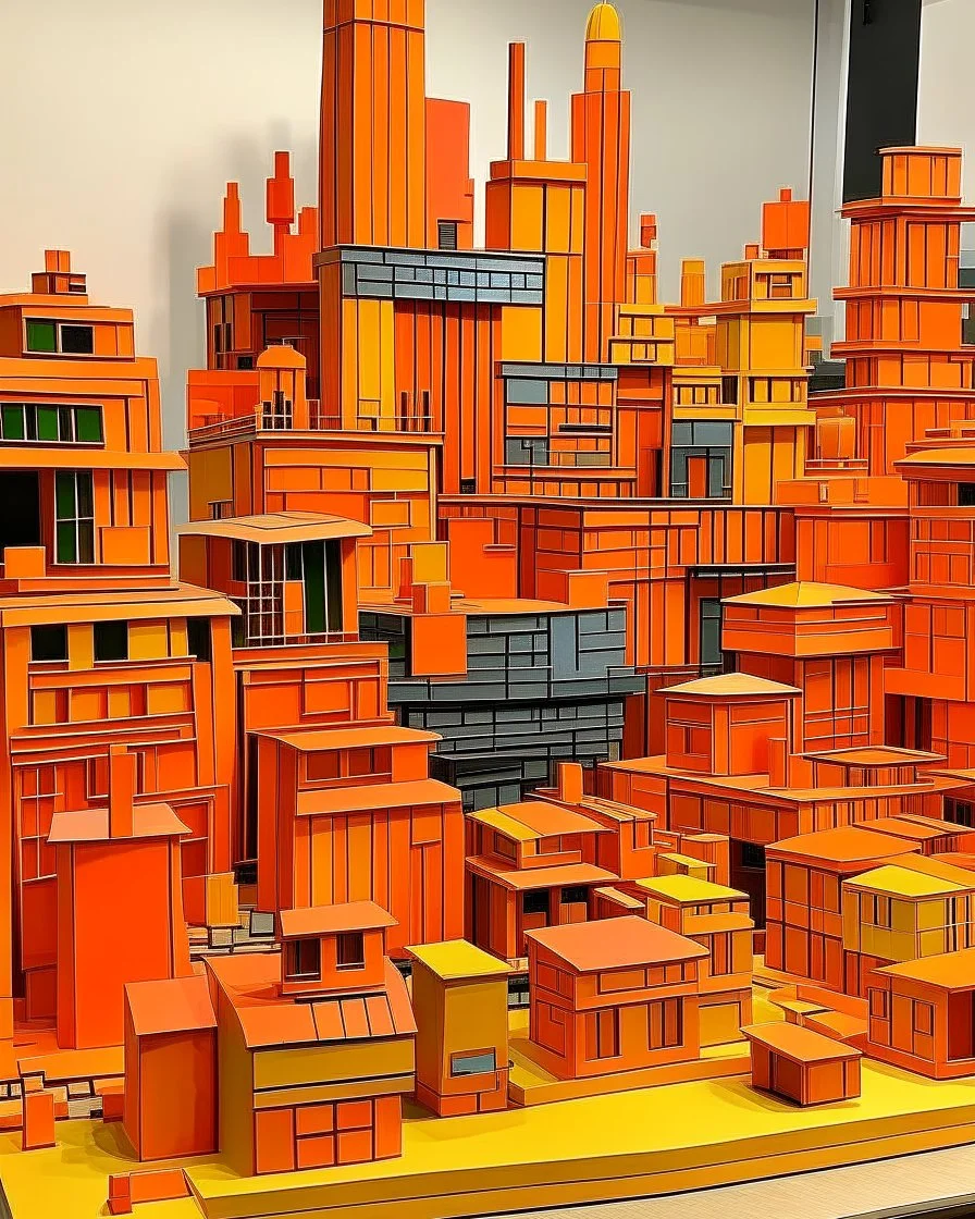 An orange colored town made out of toys painted by Piet Mondrian