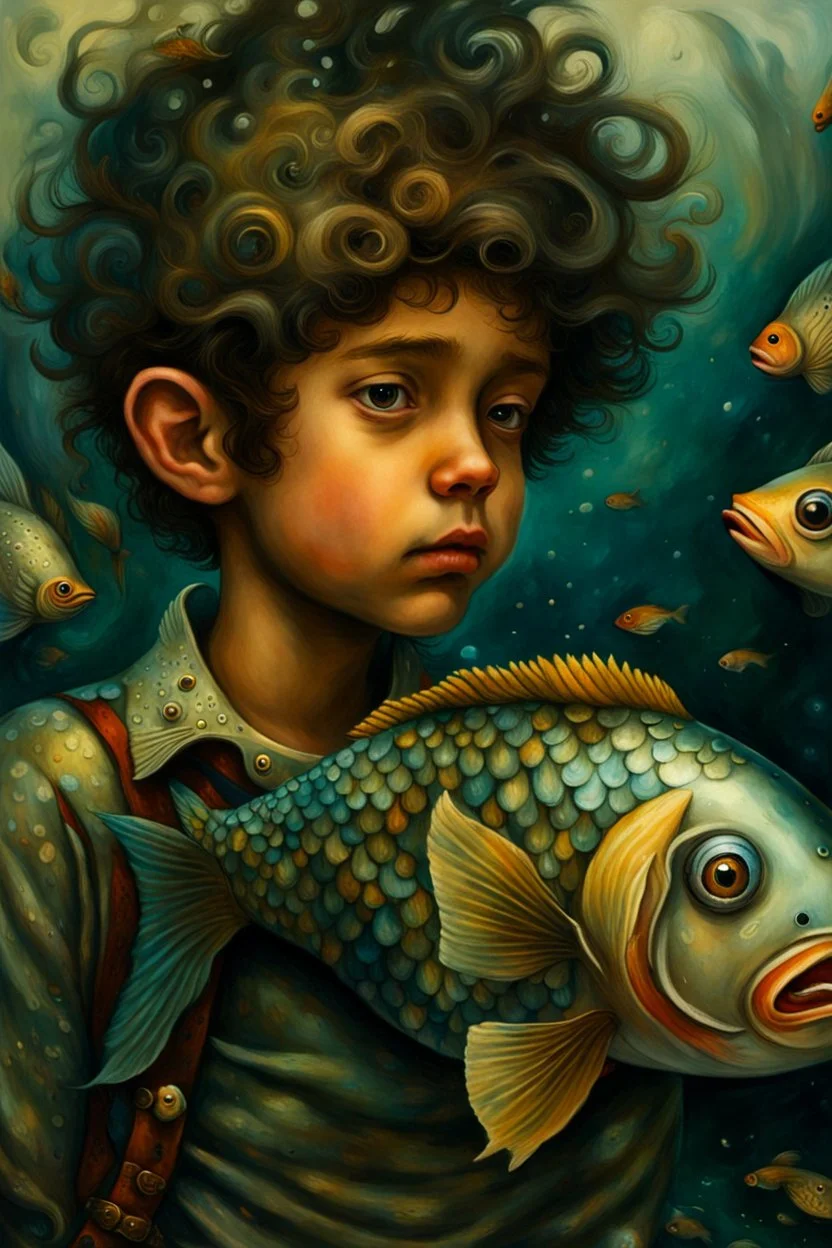 a painting of a young boy riding a fish, a storybook illustration by Esao Andrews, cgsociety, pop surrealism, storybook illustration, whimsical, detailed painting, ukiyo-e style