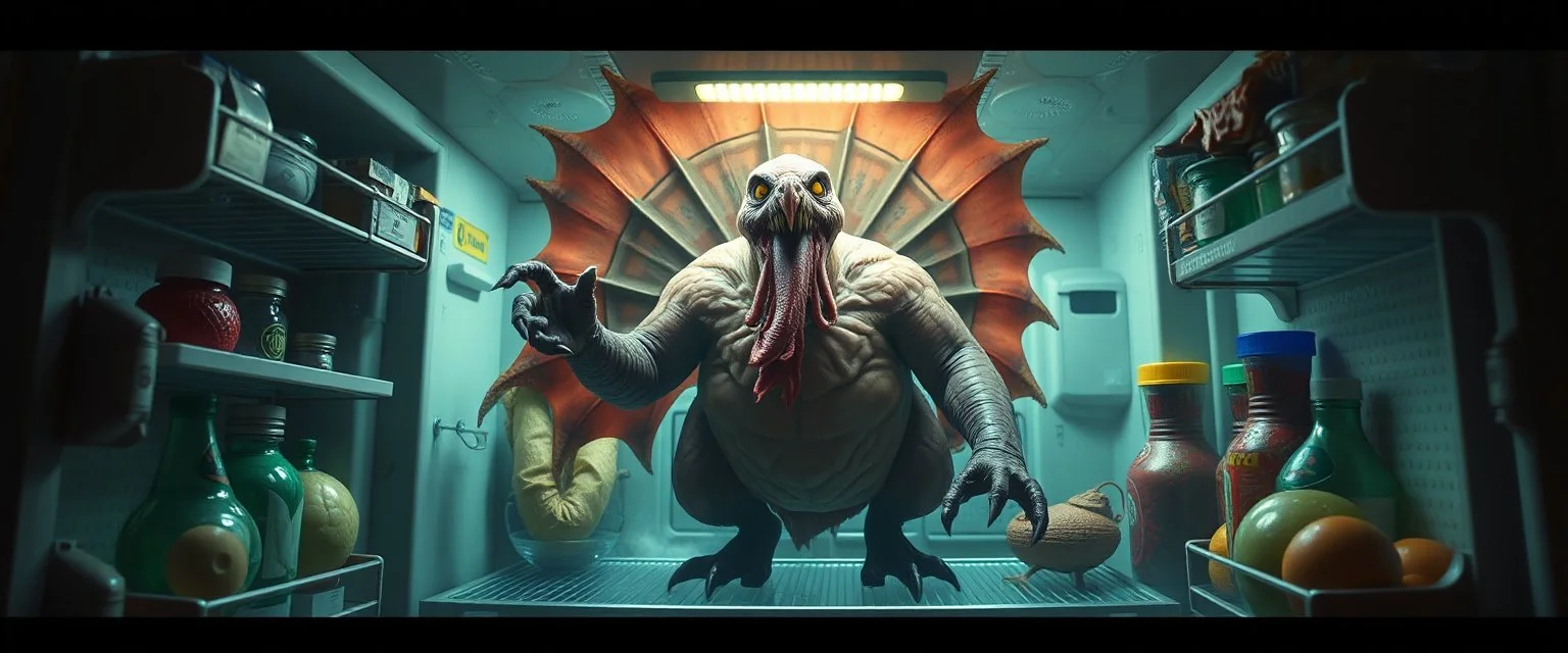 final boss pork turkey sloth undead demon in the fridge space craft in the style of fantasy art