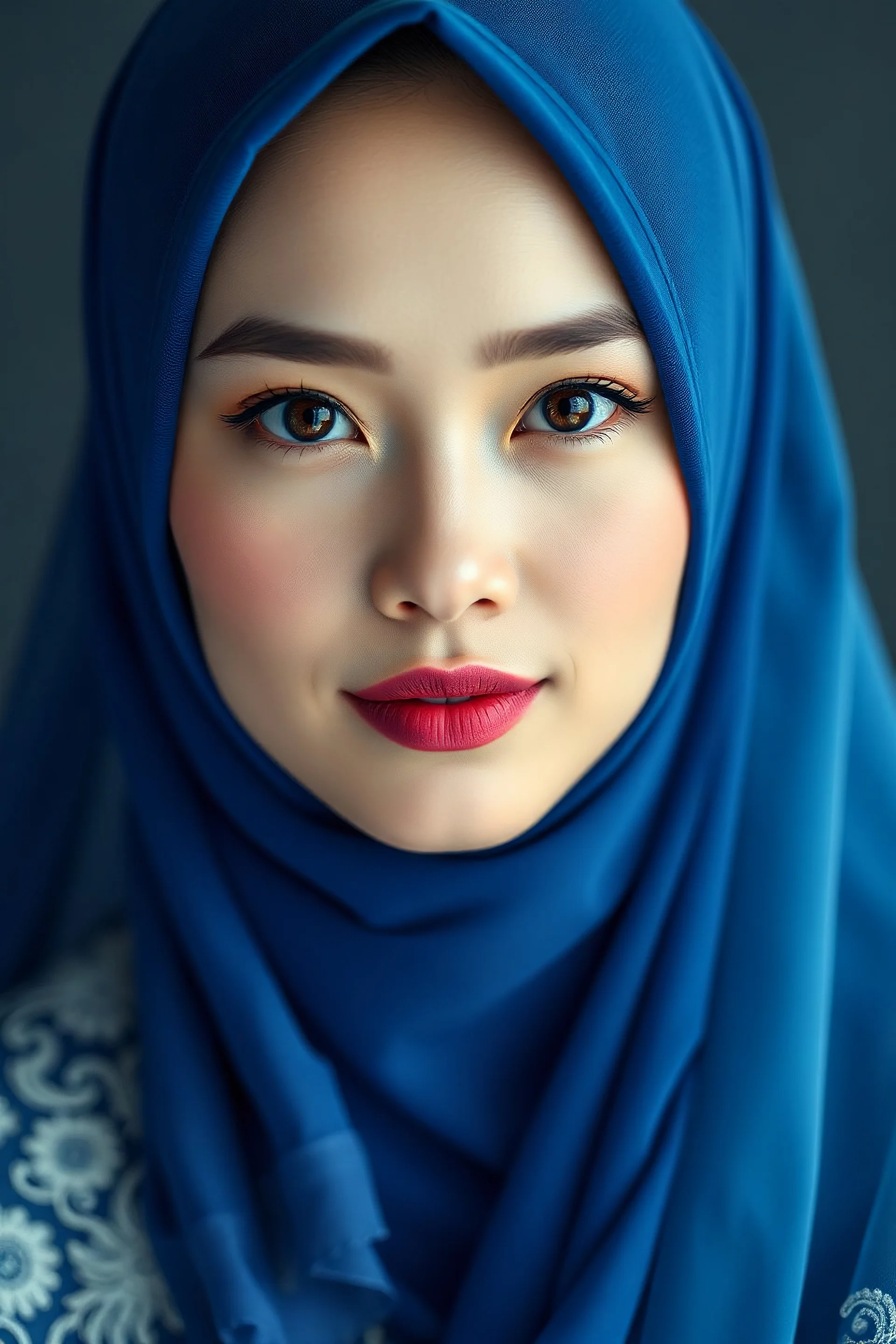 Membuat gambar seorang wanita cantik berhijab warna biru dari Asia yang sangat cantik menakjubkan mempesona mempunyai dengan menonjolkan fitur wajah dan kulit tubuh yang sangat putih , pucat, bening cerah dan bersinar seperti porselin pencahayaan sinematik pemotretan frontal, kualitas 4K , mahakarya yang sangat cantik dan bersinar seperti porselen pakai lipstik pink pakai gaun Ballgwon warna biru dan putih berlapis lapis dengan bentuk mengembang dan renda renda indah sangat menakjubkan dipercan