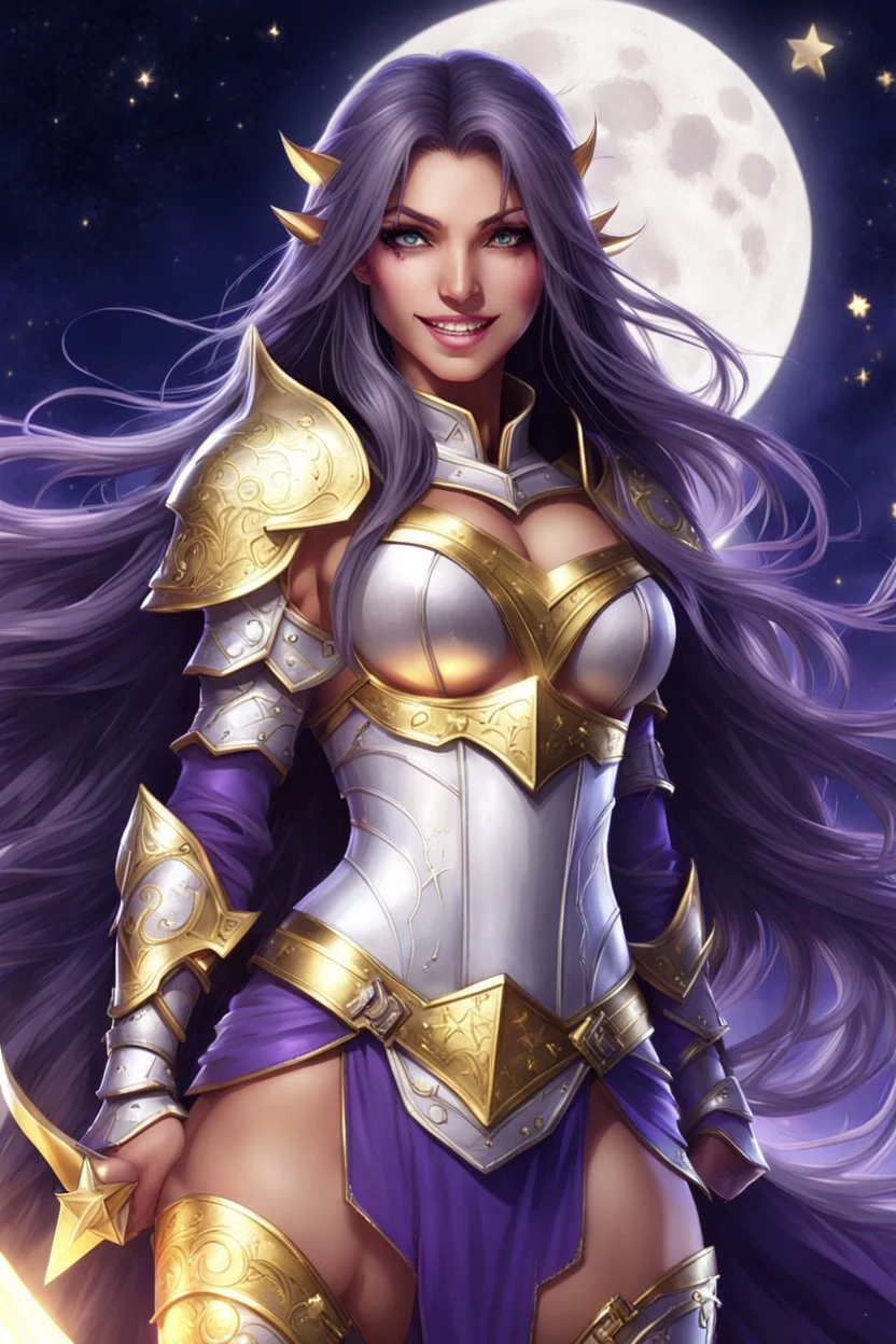 SUPER PRETTY GIRL, WITH A LITTLE WHITE-GOLD ARMOUR, PURPLE LONG HAIRED, NICE EYES, GREATH SMILE, BIG BUBS, NICE BODY, STAY ON DARKNESS CASTLE, STARS SKY, MOON, LEGENDARY WARRIOR, POWERED GIRL, A GOLDEN GLOW AROUND HER BODY.