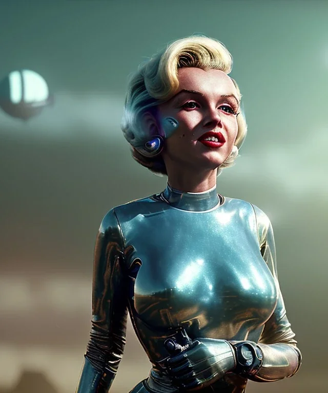 Ultra Realistic retro sci-fi 1960 scene, waist up view portrait, blonde woman, sweet young Marilyn Monroe face, perfect iris, tight latex coat, alien planet background, tight style, steel sphere dron levitating, fog, rain, soft color, highly detailed, unreal engine 5, ray tracing, RTX, lumen lighting, ultra detail, volumetric lighting, 3d, finely drawn, high definition, high resolution.