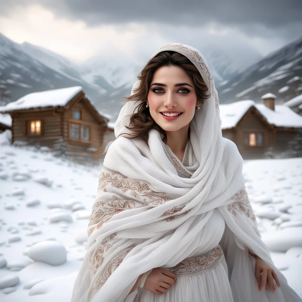 Hyper Realistic Photographic-View Of Young Beautiful Attractive Pashto Woman with Beautiful Eyes, & Lips Wearing-White-Dress With White-Embroidery-Along-with-white-shawl happily-whirling-&-Smiling in snowfall on an icy-mountain-top with a cottage-behind-her a cloudy day showing dramatic & cinematic ambiance.