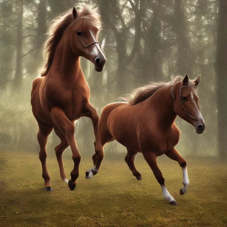 A brown newforest pony galloping through the woods