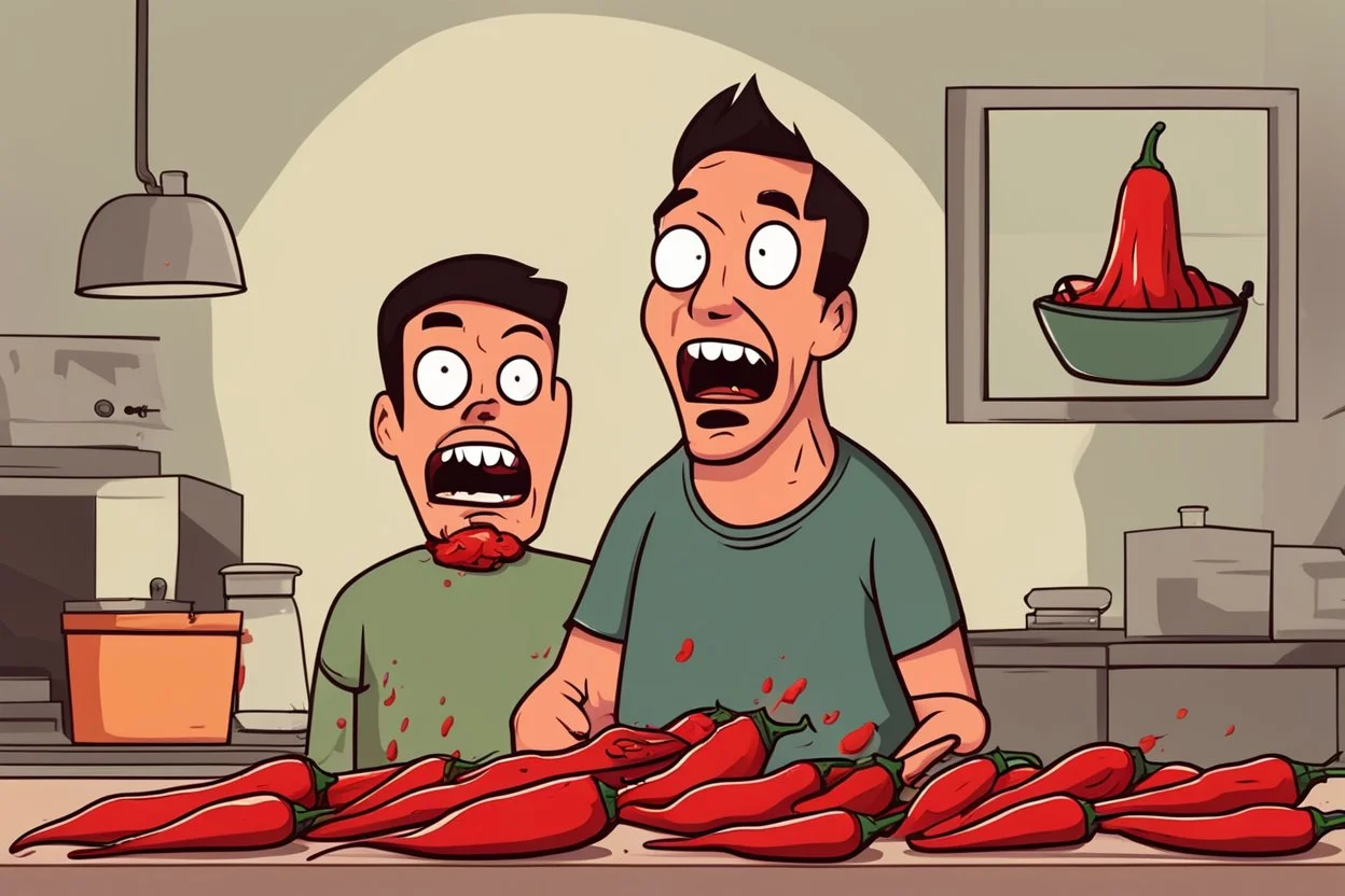 a man eating the strongest chili pepper in the world and screams in pain and cries, cartoon style