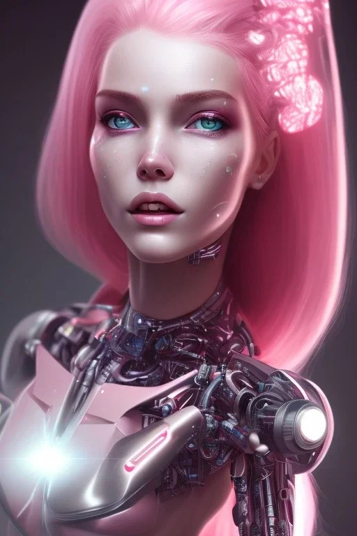 cyborg, pink hair, perfekt eyes, smile, real, dream lights