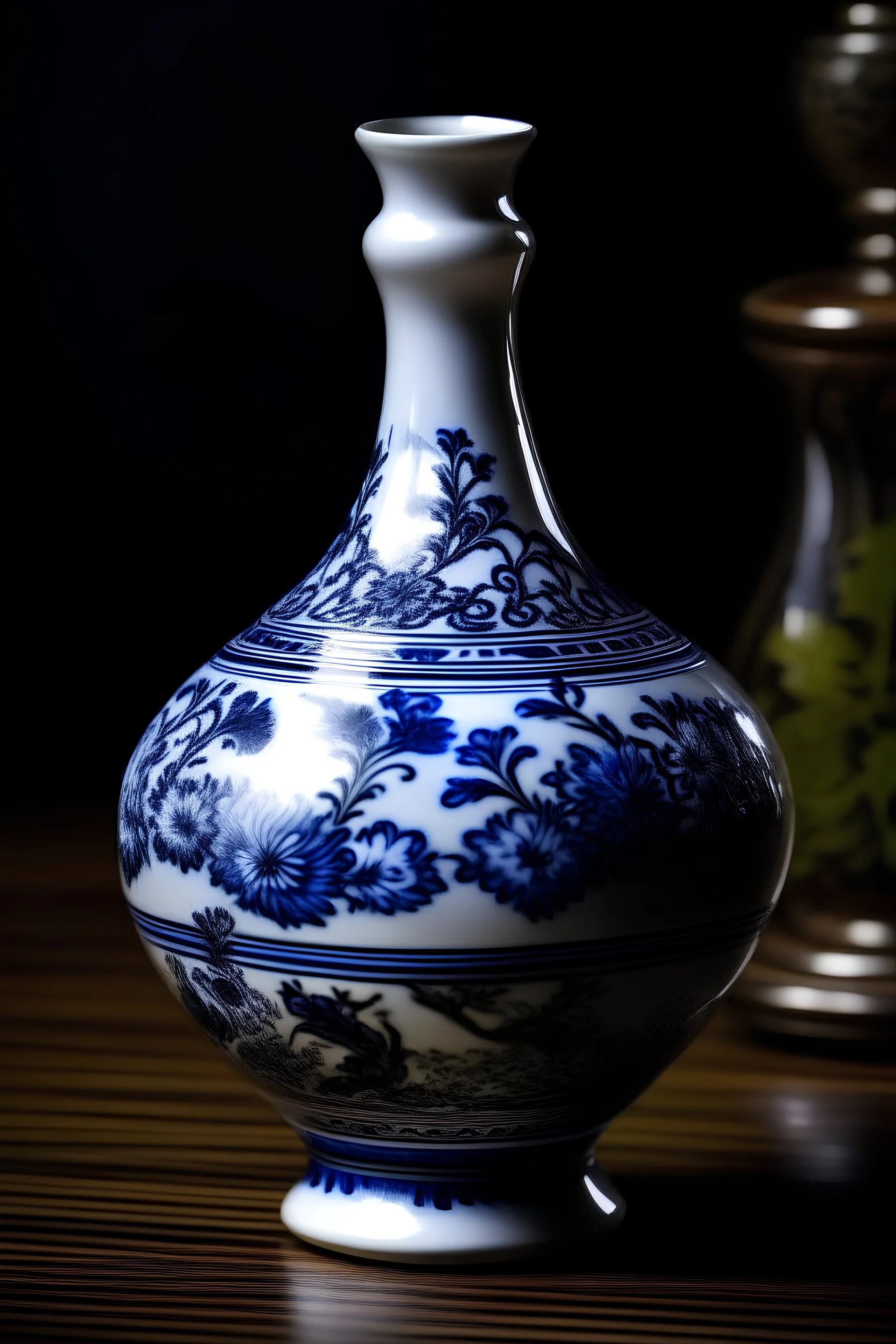 Chinese blue and white porcelain，瓷瓶，高级，在古代案台上，8k，不输出低质量