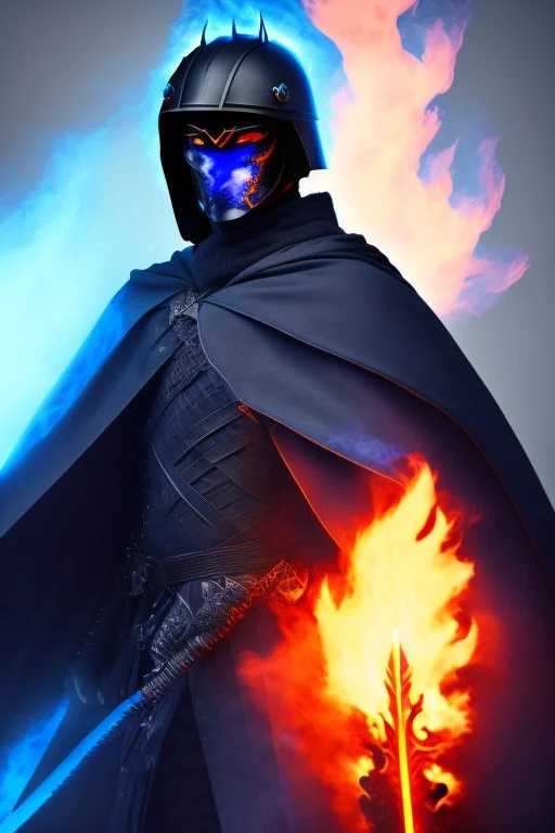 A warrior with a matte black combat helmet and eyes with bright blue flaming pupils, a black cape and a long coat with long combat boots and a long, sharp and fiery spear and with his helmet under his cape and two blue flames instead of eyes