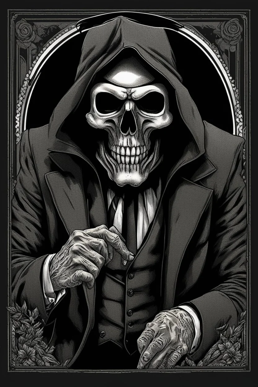 ultra high image quality, Grim Reaper, WEARING A 3 PIECE SUIT, POSED FOR DOLLAR BILL PORTRAIT, LINE TONE, WSJ STYLE, HEDCUT, Close-up of an set against AMOLED-worthy pure black backdrop, fantasy art style infused with filter, tailored for vertical wallpaper, exclusive design with no duplicates, radiating beauty suitable for a PC screen image, vivid colors, ultra fine, digital painting.