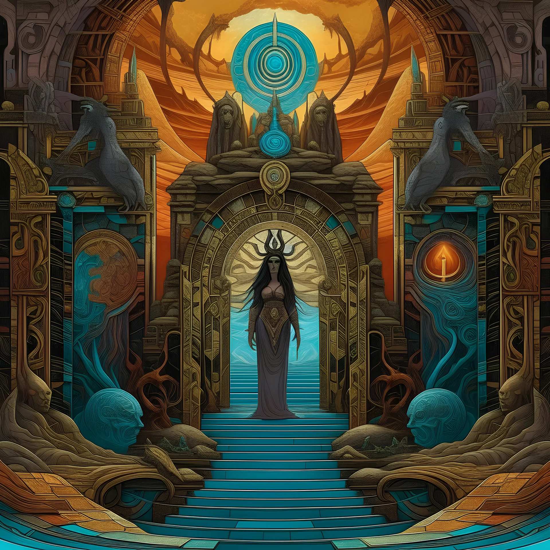 A psychedelic digital painting of "Realms Revealed" album artwork for The Fold Path's concept album. The collage cover features occult high priestess before a portal revealing Atlantis, with dimensional gateways swirling around band logo. Includes titles: "Gates Ajar", "Arcane Whispers", "Forgotten Rites", "Sunken Cipher", and "Matriarch of Flame" on stone surfaces in mystical realm.