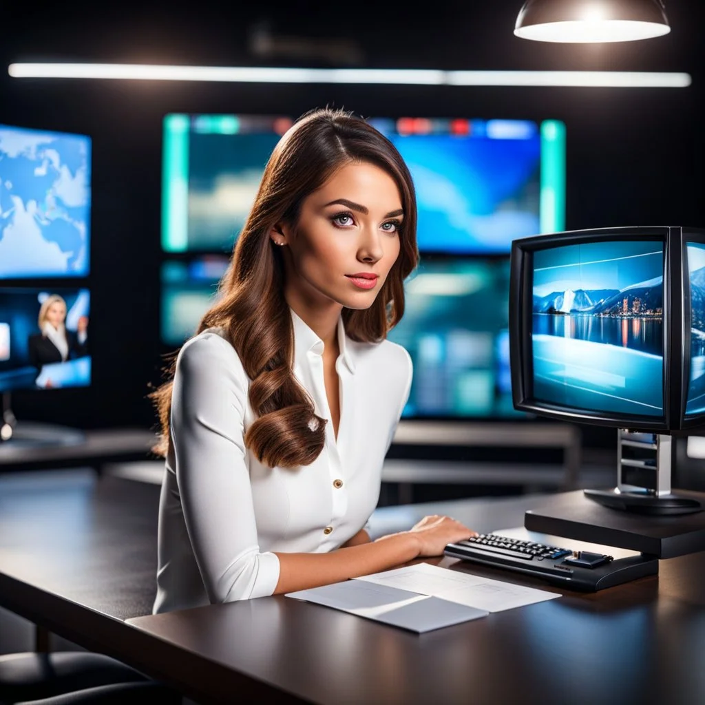 amodern tv studio a beautiful girl perfect face sitting next to desk presenting news looking at camera, with picture of an old man in tv screen at background