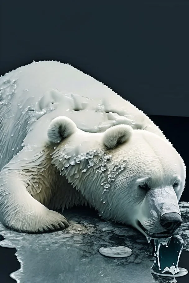 polar bear melting into a puddle, hyper realistic photography, detailed expression of agony, hyper realistic fur and anatomy details, Takeshi Kawano style, dark colour tone, epic colour treatment, cinematic colour treatment, meticulously intricate perfectly symmetrical extremely detailed, pixiv daily ranking, pixiv, extreme depth of field, artstation, sculpture style, spectacular details, volumetric lighting, masterpiece, cinematic, Hollywood production, 8k resolution, high definition, max octan