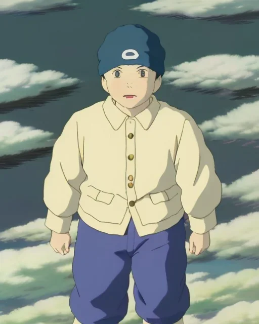 A short guy with a round head and big muscles wearing a net undershirt, a jacket, and a beanie that does not cover the ears. He has a small chain around his neck, baggy pants, and white wooden shoes.