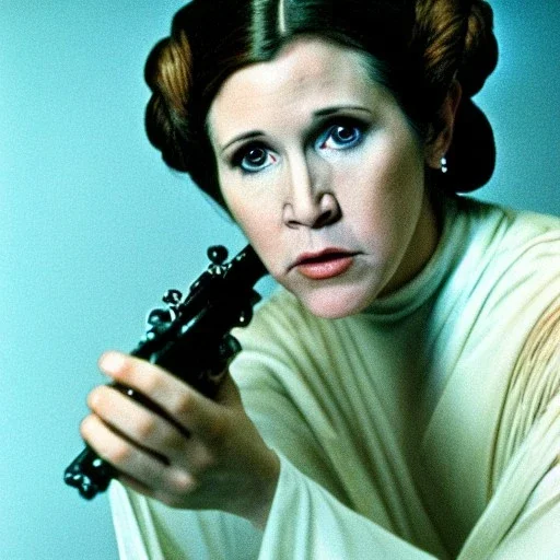 Hyperrealistic, 8k centered photographic portrait of [[Carrie Fisher as Princess Leia in Star Wars]], leica, 35 mm, technicolor, natural colors, telephoto, 24 mm, portrait photo by Annie Leibovitz, film, studio lighting, detailed skin, ultra realistic, bokeh, sharp features