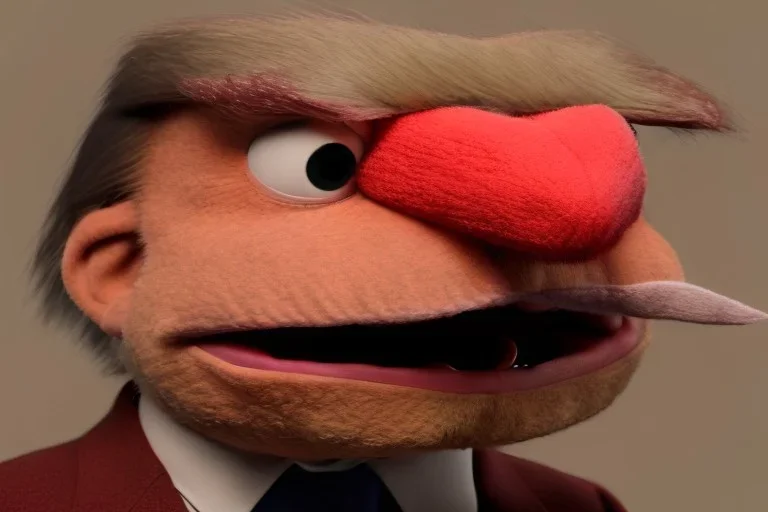 Angry muppet trump with no nose in suit, no tongue, looking forward, face, smaller, round puffball nose, eyebrows