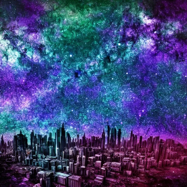 colorful galaxy, grey dark abandoned city