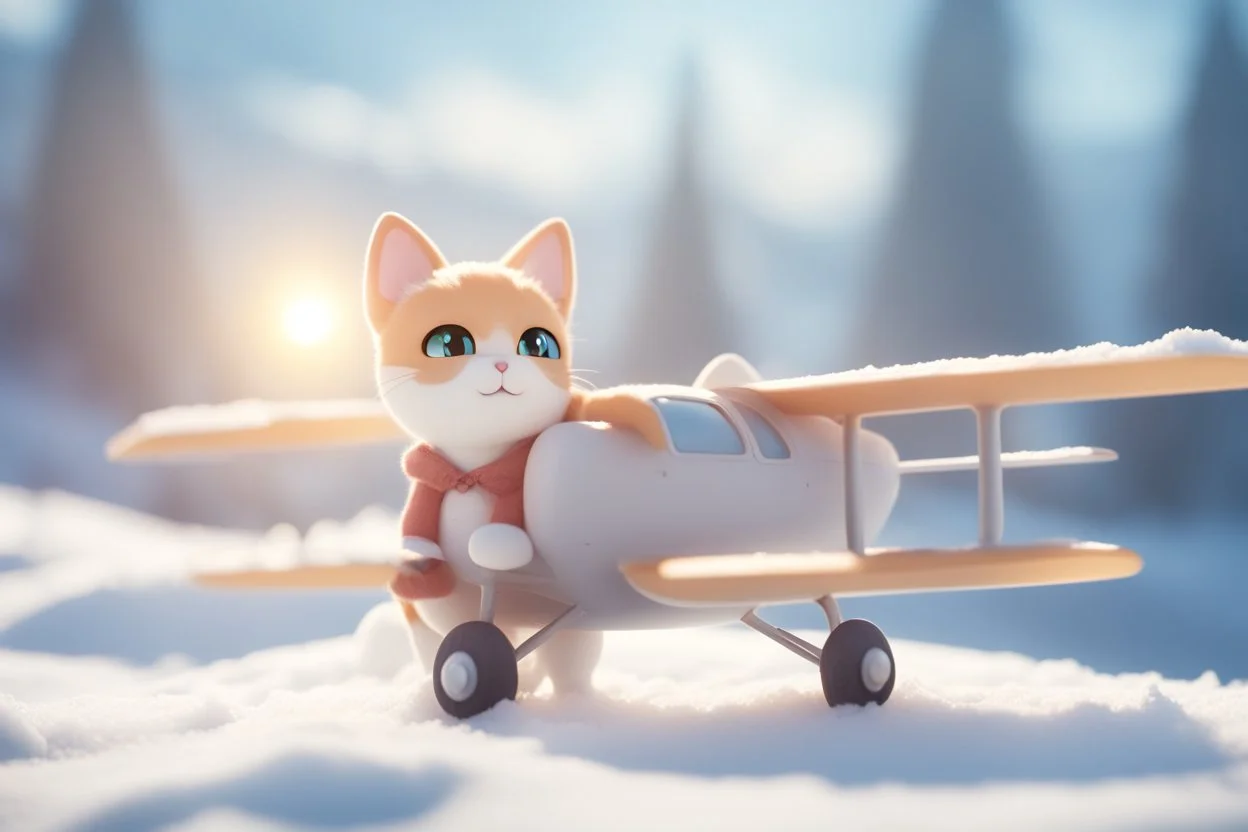 cute chibi anime frightened cat, crashed airplane in the snowy mountains in sunshine, ethereal, cinematic postprocessing, bokeh, dof