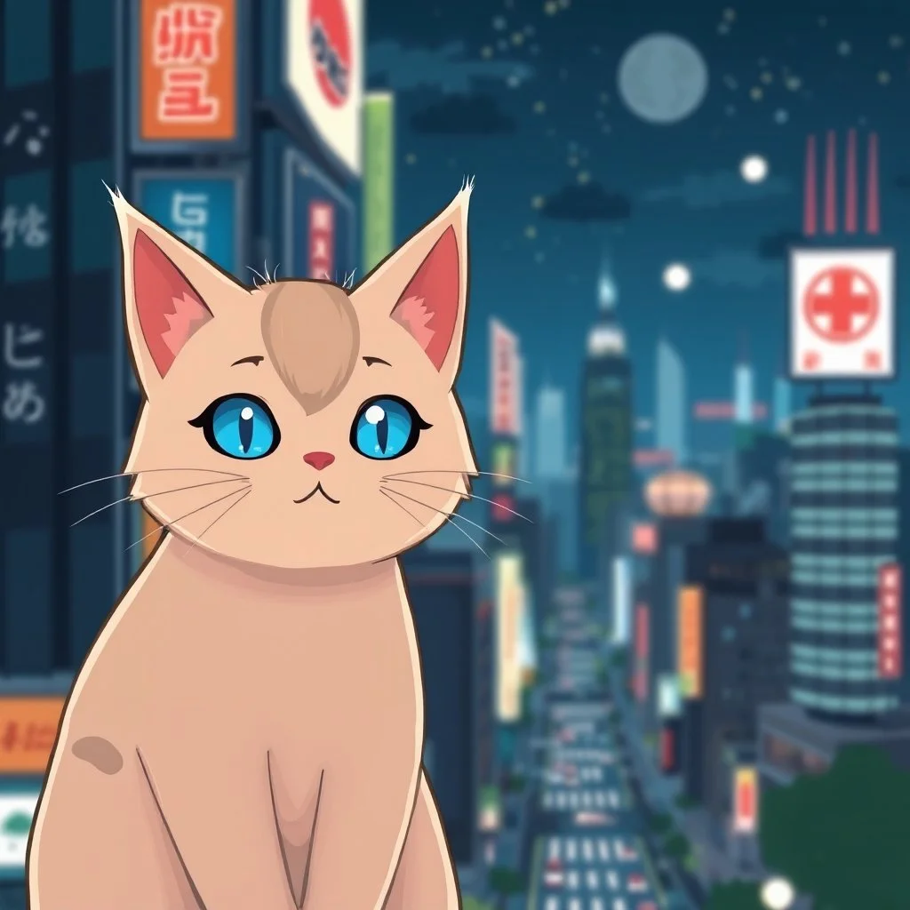 Cat hair emo , cyber eyes , Tokyo city night view wallpaper , cartoon