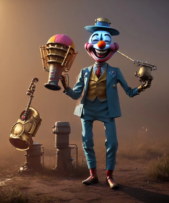 happy friendly mechanoid clown playing jazz with a steampunk theme, realistic