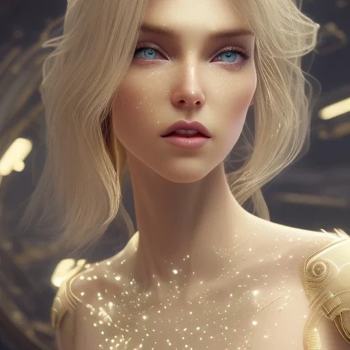 A portrait of a crystalised queen, atmospheric, realistic, unreal engine, cinematic lighting, octane render, transparent, long blond hair, blue eyes, pink lips, extremely sharp detail, finely tuned detail, ultra high definition, 8 k, unreal engine 5, ultra sharp focus, accurate sword wings, positive smile, highlight luminous suit blue and pink