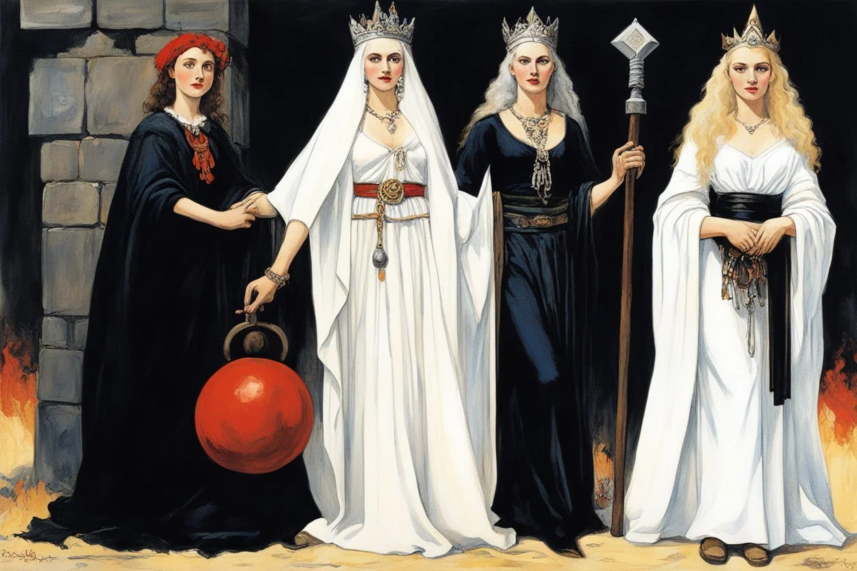 the Slavic goddess girl youthful Zorya Utrennyaya (Dawn/Morning), the Slavic goddess woman 30 years old Zorya Vechernyaya (Twilight/Evening), the Slavic goddess granny old Zorya Polunochnaya (Midnight), and the Slavic god Czernobog (terrible evil hammer) : illustration by Norman Rockwell and Helmut Newton for American Gods (2021), they stand in the slavic realm
