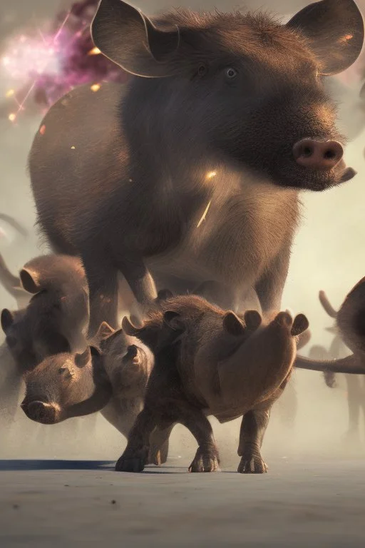 Close-up animation of a partying wild warthog island with them running around crazy and wild