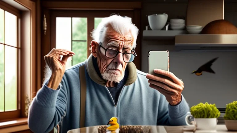 confused older man using cellphone in his kitchen telling the ducks and geese that surround him to "go away"