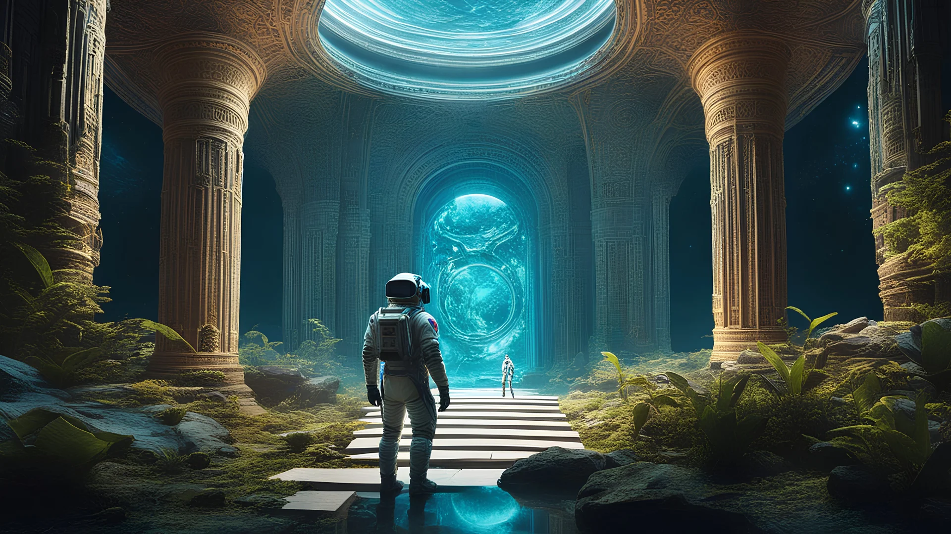 A lone astronaut exploring an abandoned, alien temple filled with intricate carvings and bioluminescent flora that react to their presence