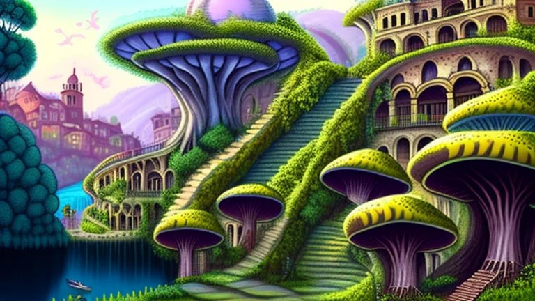 Gigantic mushroom village with balconies, archways, stairs, bridges, bushes, spanish moss, ivy, river, a winding pathway through the middle, in a valley