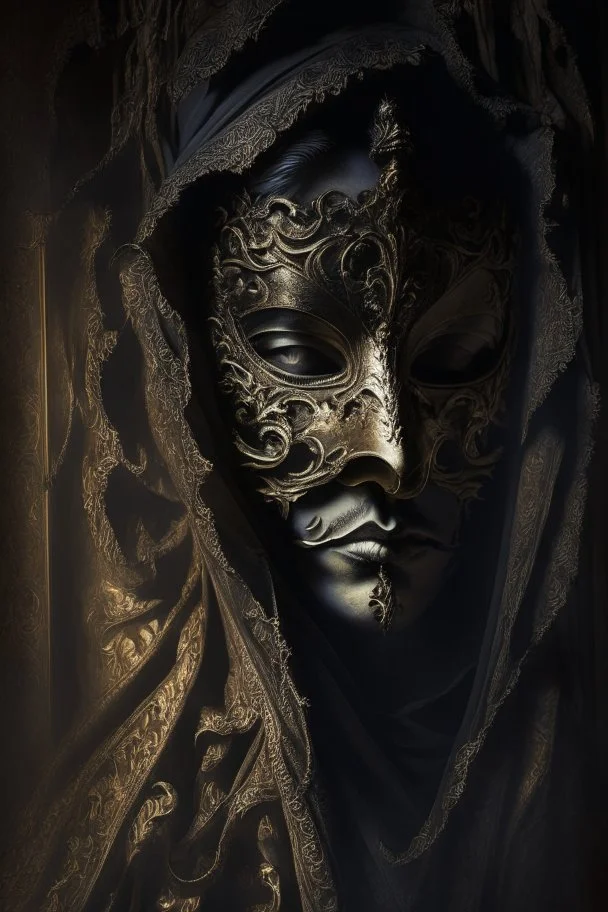 An intriguing, chiaroscuro-style portrait of a mysterious figure wearing a Venetian mask, shrouded in shadows and a dramatic play of light and dark, capturing the enigmatic aura and the intricate details of the ornate mask.