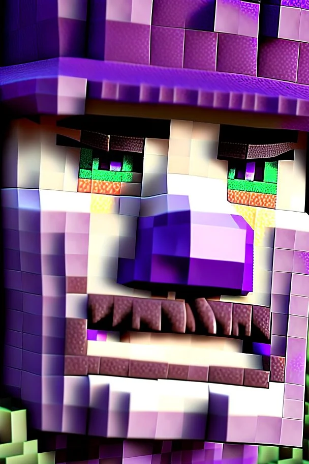 a close-up portrait of a purple Minecraft face, farmer, 3d, large pixel style