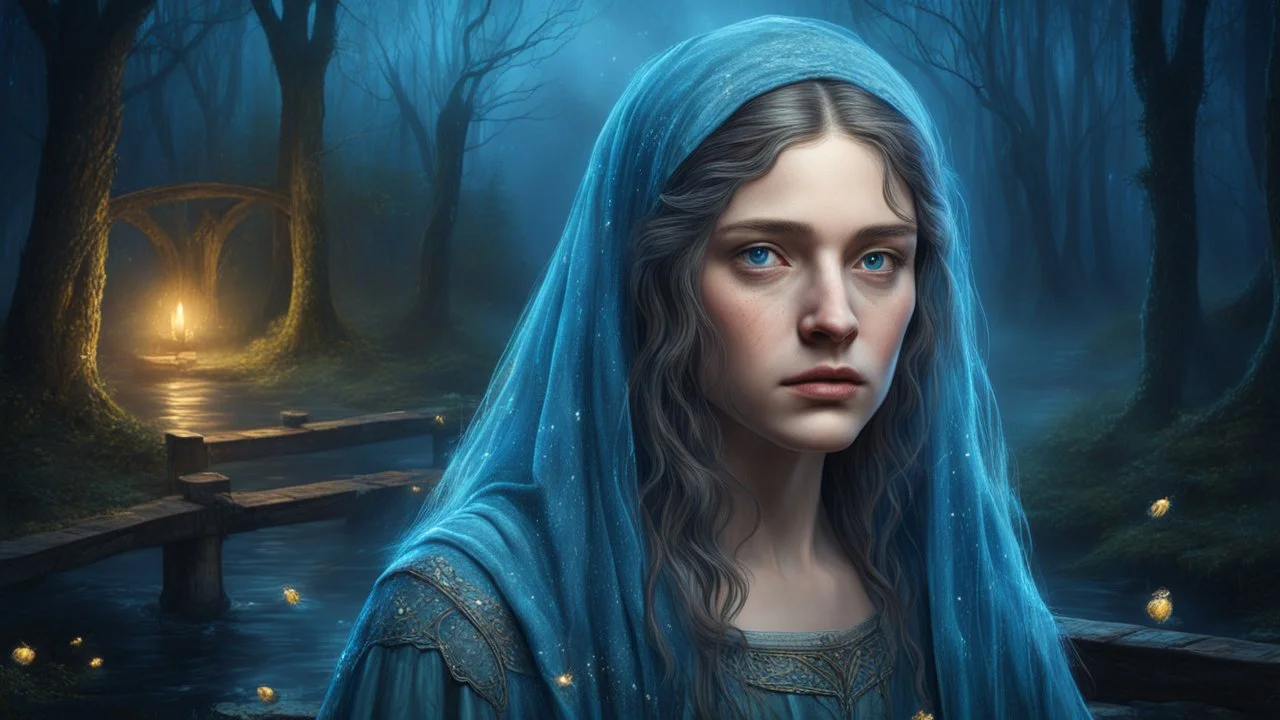 Old canvas, Portrait of a Medieval beautiful sad woman 20 years old, fantasy, night, fog, blue, loose hair, forest, bridge, water, sparkles, fireflies, fine drawing, bright colors, high resolution, 3D, clear lines, photorealism,