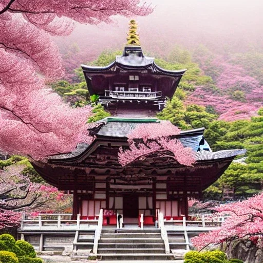 the most beautiful, stunning Japanese temple on a mountainside, morning mist, cherryblosssom trees, artwork, flickering lights, ornate, 8k, high-quality, ultrafine-detail, intricate, digital painting, brian froud, howard lyon, selina french, anna dittmann, annie stokes, Greg Rutowski