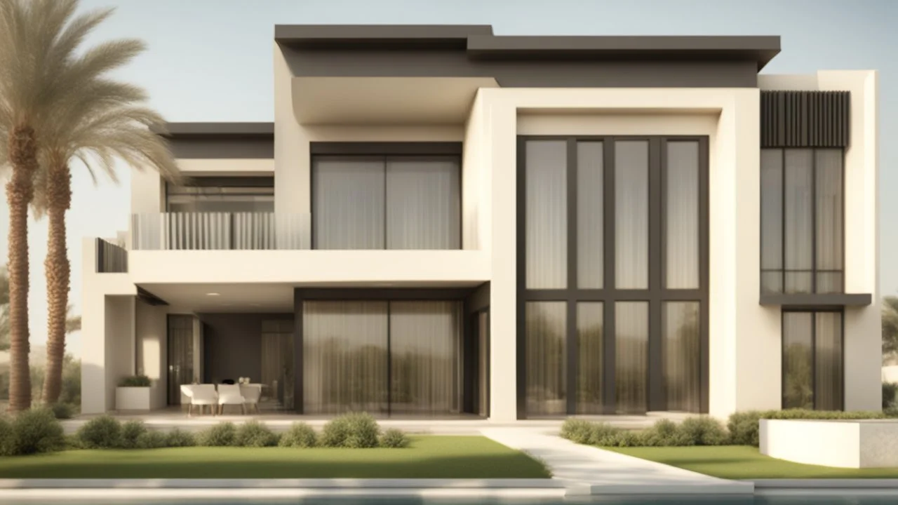 Description of a modern Emirati style villa: Located on a magnificent piece of land in the heart of the Emirates, our villa embodies the finesse of design and detailing that promises a luxurious residential experience. This two-story villa, with its elegant and contemporary spaces, stands out. The exterior walls of the villa are made of black and white stones, adding an elegant and luxurious touch to the design. This combination of black and white stones creates a beautiful contrast, highlight