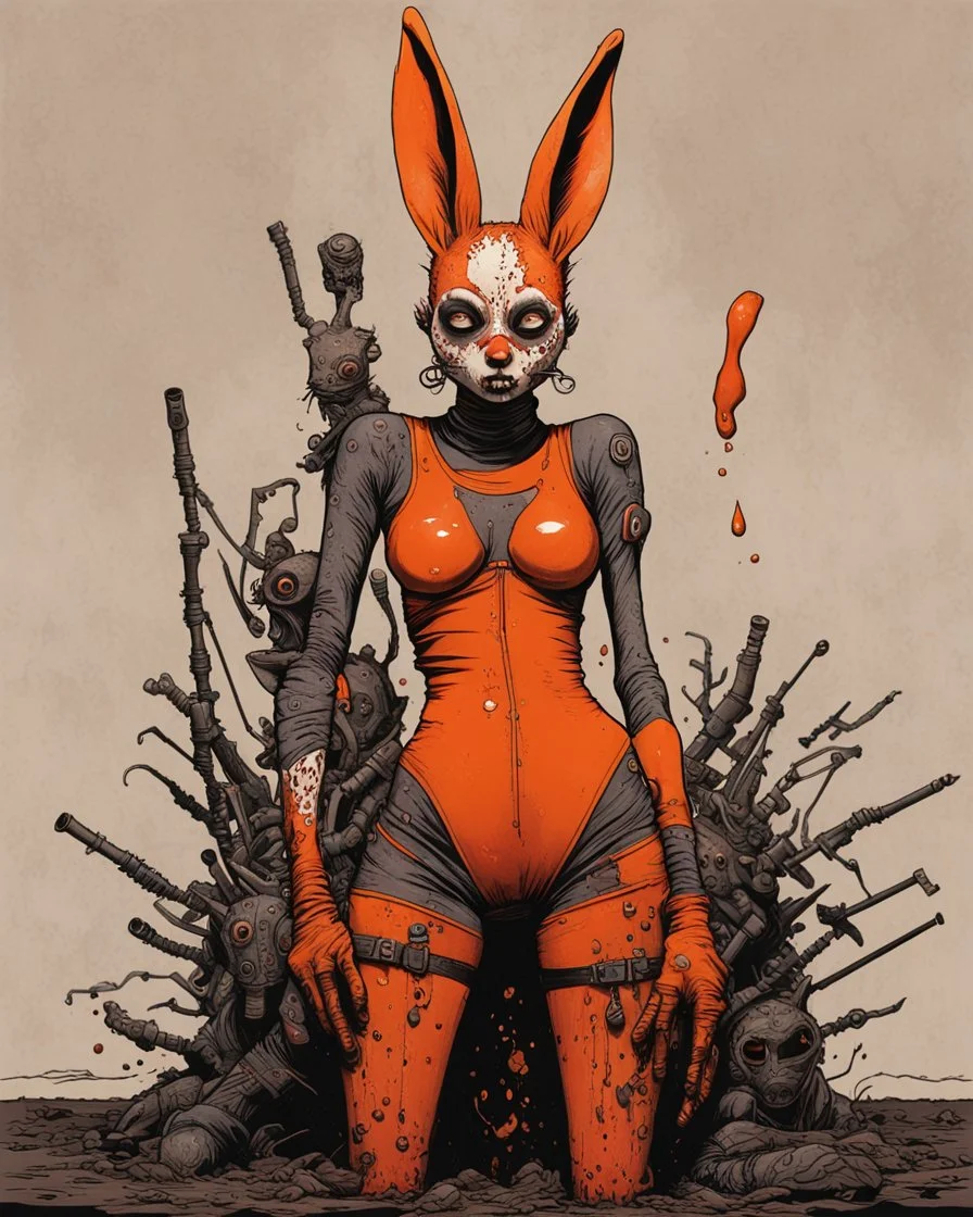 Tank girl, rabbit mask, orange and black short hair, latex suit, highly detailed, fullbody, splashes blood, behind guts rising from the ground, papercut illustration by <John Kenn Mortensen>, darkred tones,