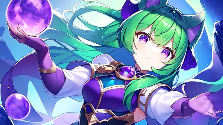 A girl with green hair touches a magical purple stone by the river, and she ears star growing!