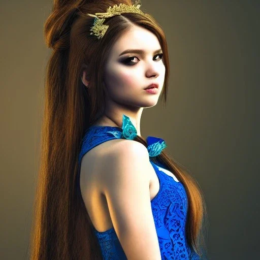 sourceress girl, beautiful, model, blue intricate lace dress, elf like, hands in her hairs, holding a wand, high definition, cinematic, avatar
