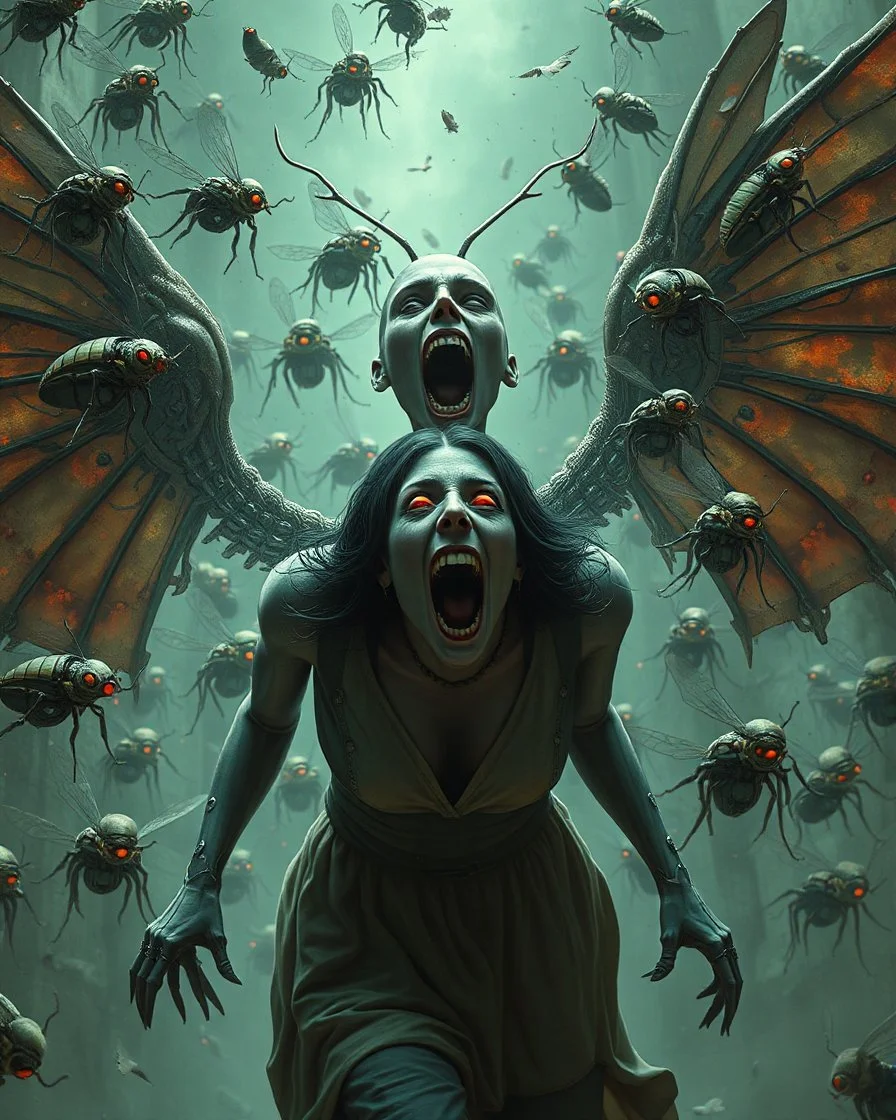 horror, swarming mechanical robotic insects, screaming woman, broken wings