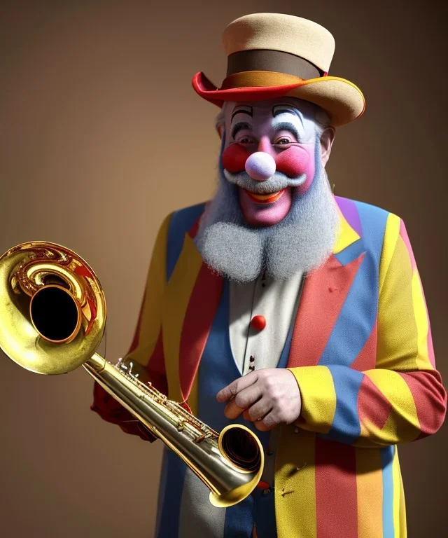 happy and funny old friendly clown with round head and trimmed beard playing jazz with a steampunk theme, trumpet on mouth, carnival, dreamy