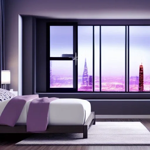 A future bedroom, window to future city , beautiful lighting cityscape, high quality, high details,8k