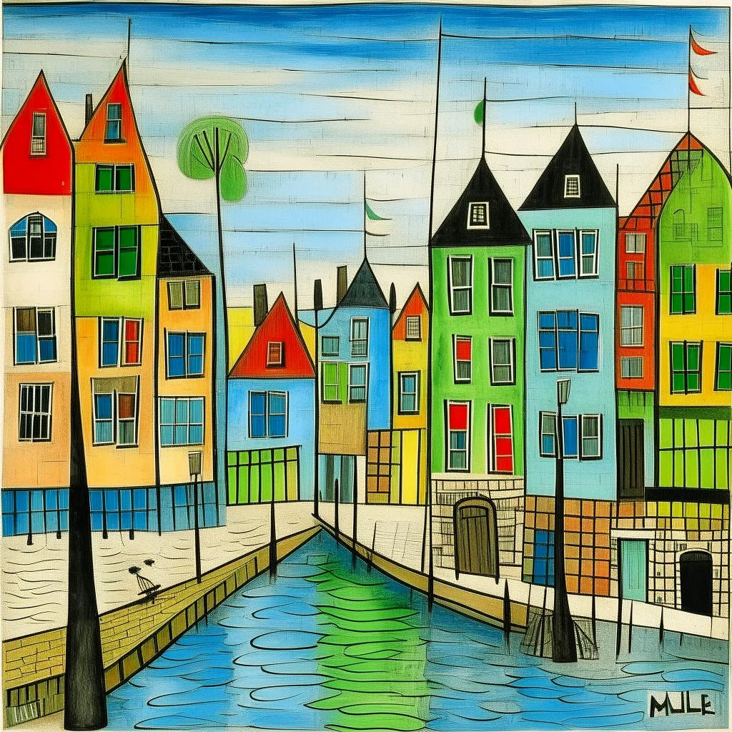 Dutch street and canal In the style of Paul Klee