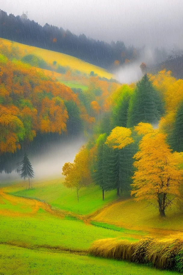 Autumn Czech valley in the rain.