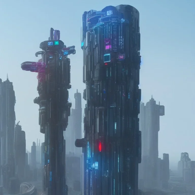 a single imposing cyberpunk skyscraper with random pipes and windows accenting the walls and a large landing pad on top surrounded by radar instruments