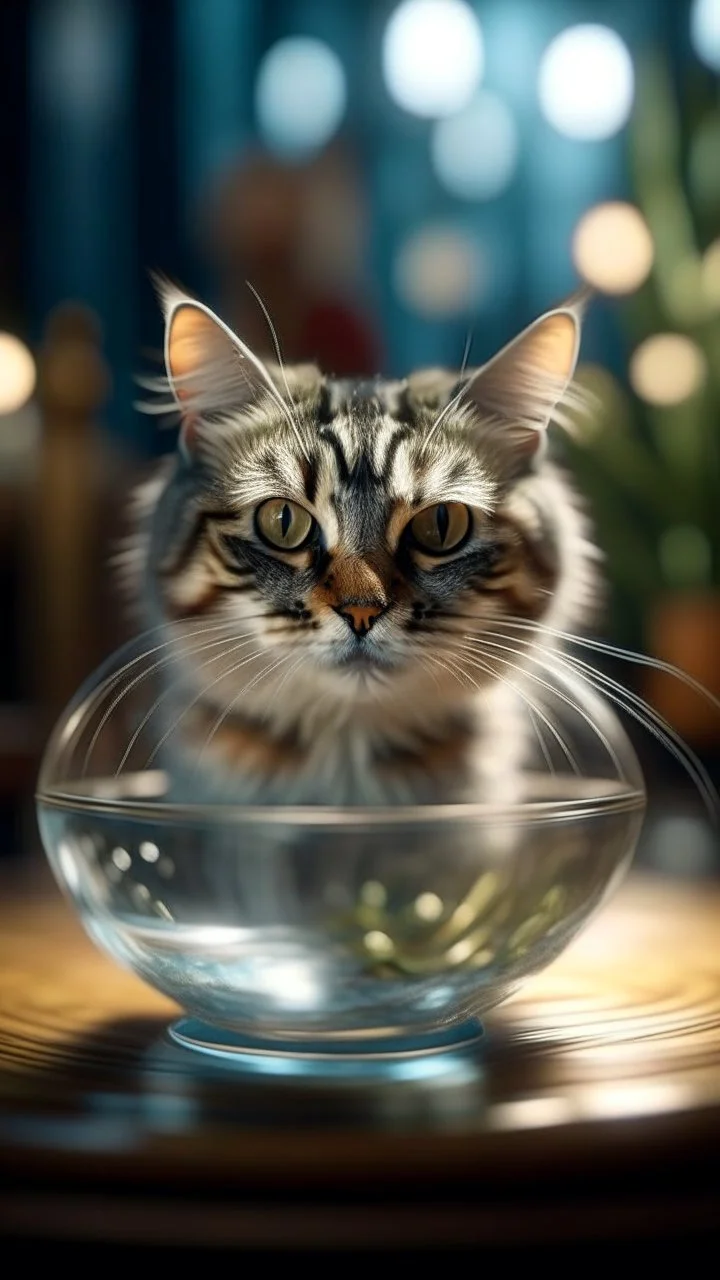 portrait of confused old cat holding a glass bowl in glass nursery having grown beaks and claws, bokeh like f/0.8, tilt-shift lens 8k, high detail, smooth render, down-light, unreal engine, prize winning