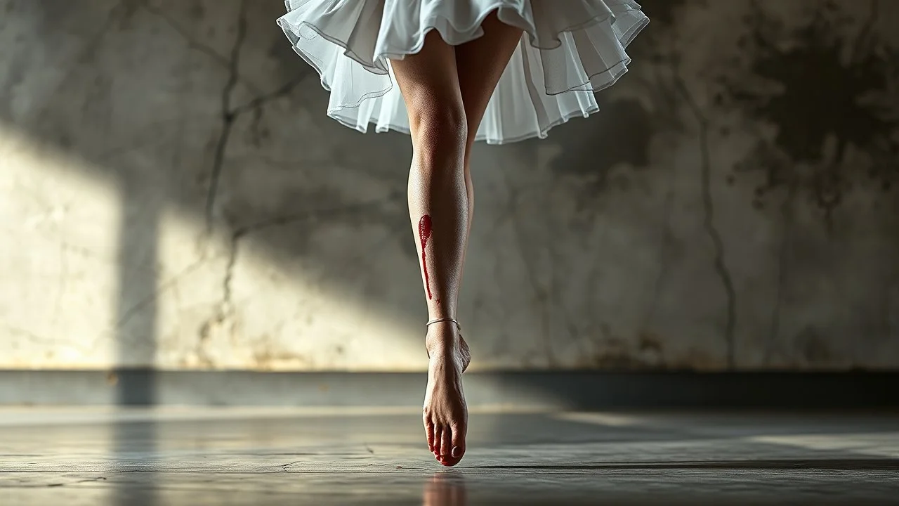 a bizarre surreal image where a dancer's legs there are bloody wounds on both foot, her dress completely drenched in sweat, she standing on tiptoe in a perfect dance pose, around her a fade gray vortex, capturing grasping the difficulty of dance, self-sacrifice, striving for perfection the impressive pose achieved through hard work, the beauty of dance, vertical light on the dancer, blur background is a cracked wall with half darkness and half shiny light, on wall fade the outlines of old and