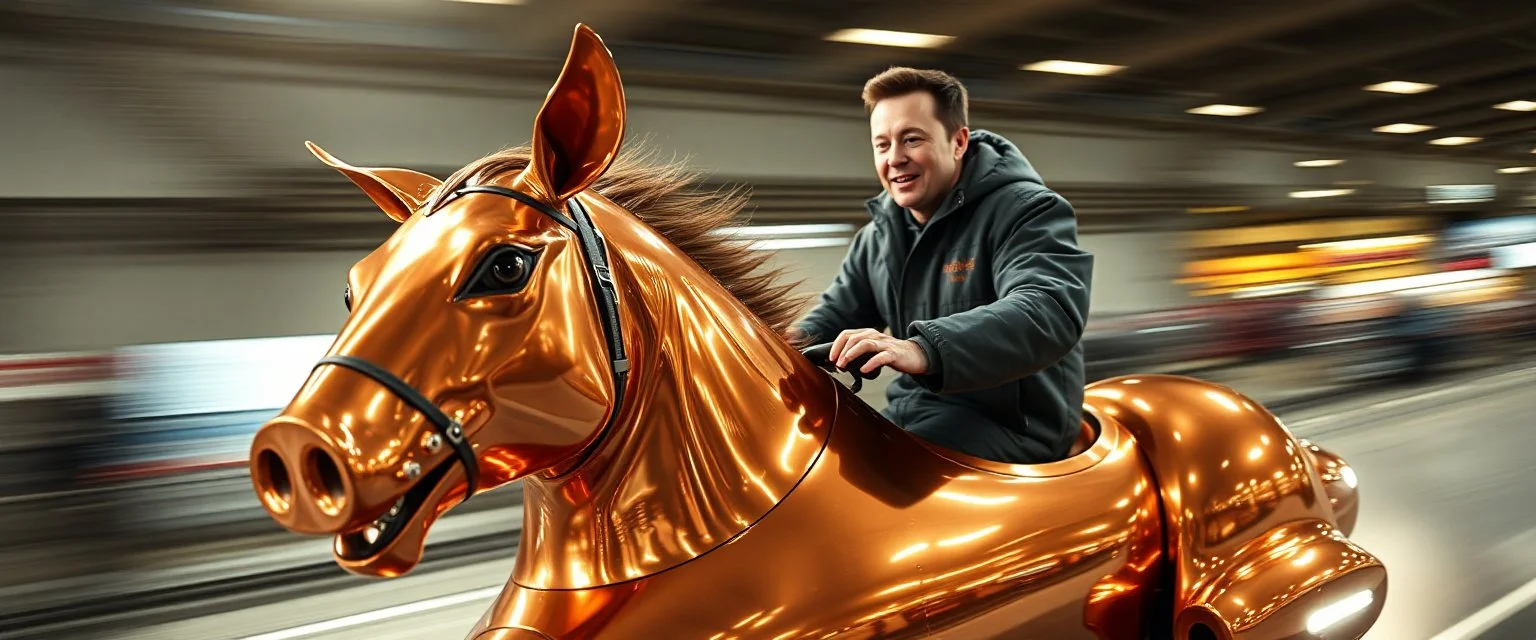 motion blur, close up, portrait of slick Elon Musk riding an awesome spaceship in copper, fast one in the shape of a horsepig is half horse half pig, now its gonna do an awesome gig , bokeh like f/0.8, tilt-shift lens 8k, high detail, smooth render, down-light, unreal engine, prize winning