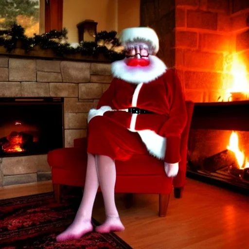 sultry, slender Ms. Claus, lonesome at home, by the fireplace