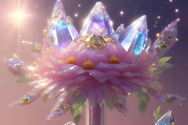 one big crystal subtle flower in a galactic ambiance, transparent petals, delicate colors, in the foreground, with a very little beautiful fairy, full of details, smooth, bright sunshine，soft light atmosphere, light effect，vaporwave colorful, concept art, smooth, extremely sharp detail, finely tuned detail, ultra high definition, 8 k, unreal engine 5, ultra sharp focus