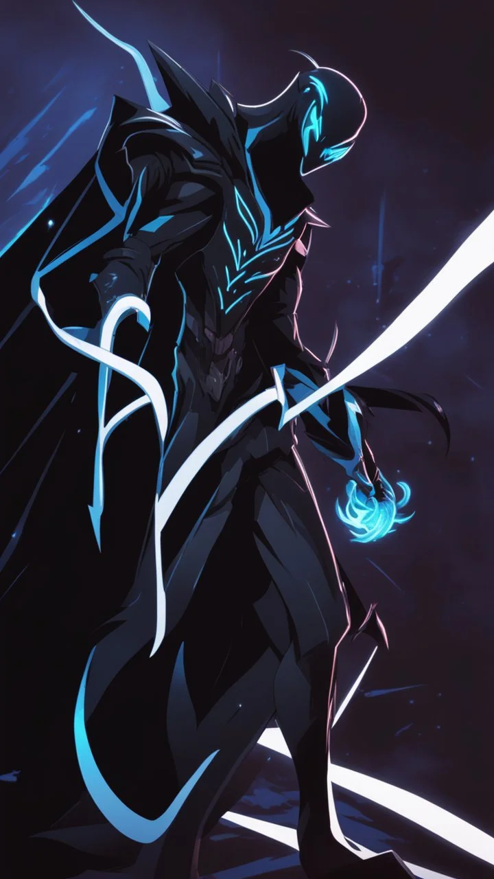 Mix between venom symbiote and Reaper in solo leveling shadow style with neon glowing blue