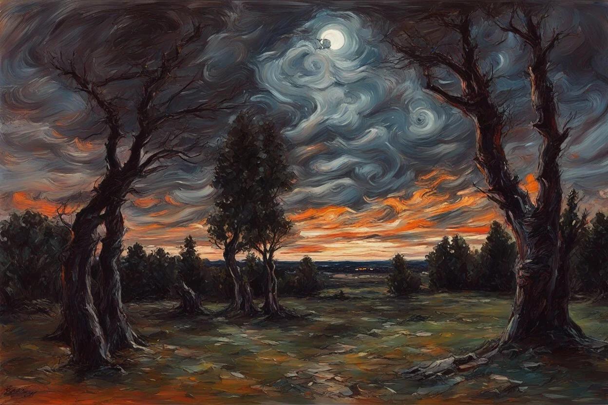 Trees, night, clouds, one person, 2000's sci-fi movies influence, max slevogt impressionism painting